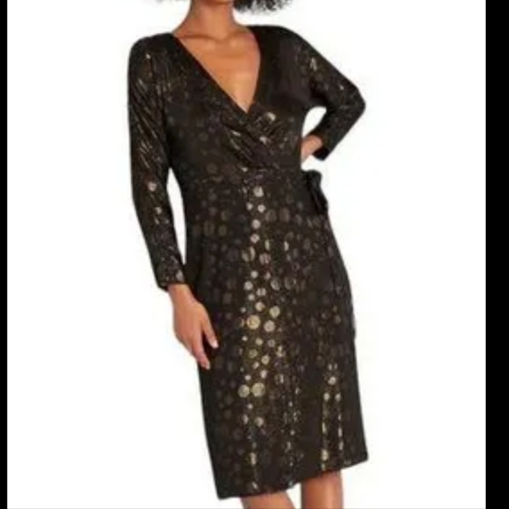 Modcloth black with gold polka dot wrap dress medium